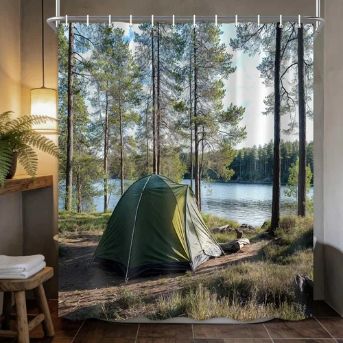 Happy Camper Shower Curtain, RV Shower Curtain, RV Bathroom Accessories for Travel Trailers, Camping Shorter and Narrow Stall Fabric Bathroom Decor