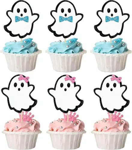 24 piezas de adornos de Halloween para cupcakes fantasmas, palillos de revelación de género para niños y niñas, adornos para tartas rosas y azules