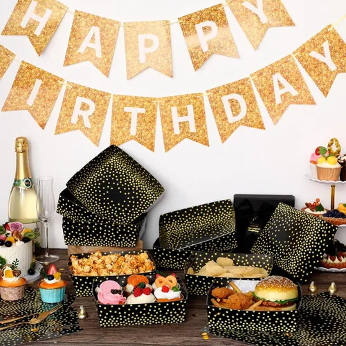 Miniatura 2 de Hushee 50 piezas de suministros para fiesta de graduación de 5 libras de puntos circulares negros y dorados, nachos, bandejas desechables de lunares