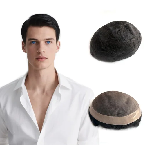 Miniatura 12 de Hywel Toupee para hombres con cabello humano 100% real, parte superior mono con revestimiento de poliéster alrededor de la gorra para hombre, piezas