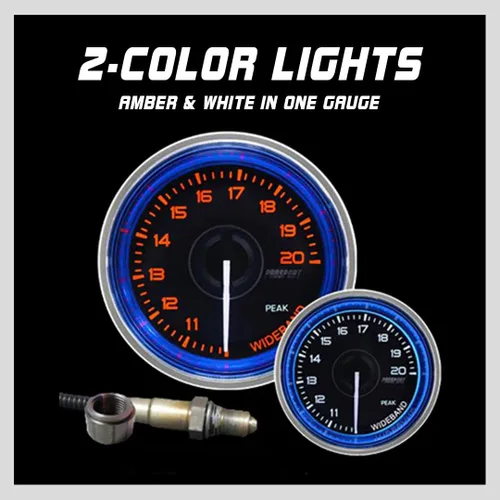 Miniatura 4 de Prosport Performance Medidor de relación de combustible aire de banda ancha Crystal Blue Series Lente ámbar/blanco transparente con puntero blanco