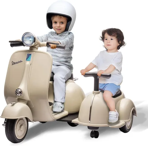 DIKEP Motocicleta eléctrica para niños de 6 V con sidecar, con licencia Vespa Retro para niños y niñas, 2 plazas, 4 ruedas, vehículo de juguete,