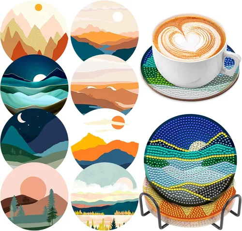 Juego de 8 posavasos de arte de diamante para adultos con soporte de almohadillas de corcho, paisaje abstracto de bricolaje, arte de diamantes de