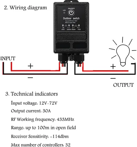 Miniatura 2 de Interruptor de relé de control remoto de 12 V, interruptor inalámbrico DC 12V-72V de 328 pies de largo alcance, interruptor impermeable, relé de 40