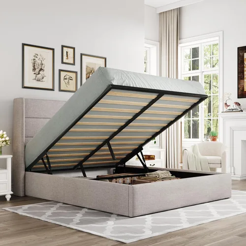 Miniatura 31 de Allewie Cama de Almacenamiento Elevable Tamaño Completo, Cabecero Capitonado con Botones con Respaldo de Ala, Soporte Hidráulico, No Necesita Gris