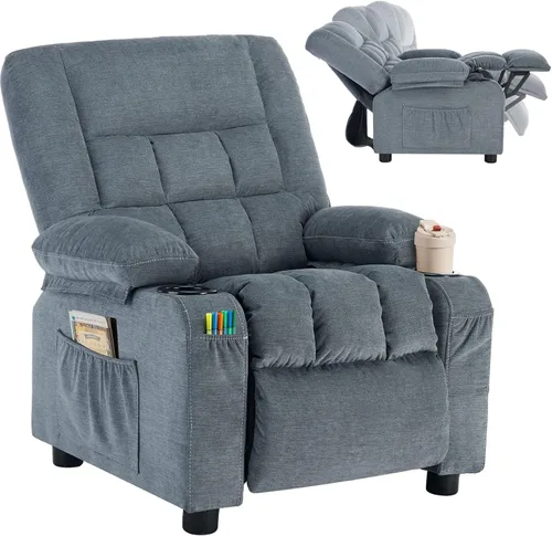 BOSMILLER Silla reclinable para niños, sillón reclinable con respaldo para tazas y bolsillos laterales, reposapiés ajustable y reposacabezas para