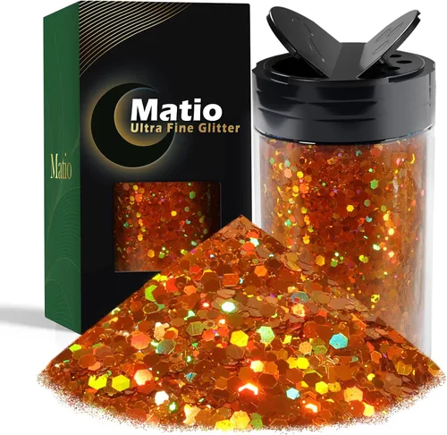 Matio Purpurina gruesa holográfica, 7.8 oz/220 g, naranja calabaza, purpurina para manualidades, para resina, escamas de uñas gruesas, lentejuelas,