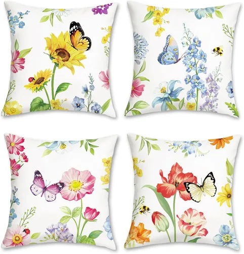 Miniatura 9 de Bonhause Juego de 4 fundas de almohada florales de 18 x 18 pulgadas, diseño de tulipanes, girasol, amapola, primavera, verano, flores, fundas