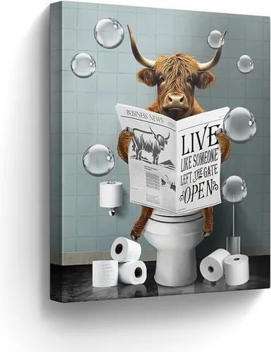 Divertido arte de pared de vaca de las tierras altas, imágenes de baño, decoración de granja, 12 x 16 pulgadas enmarcado