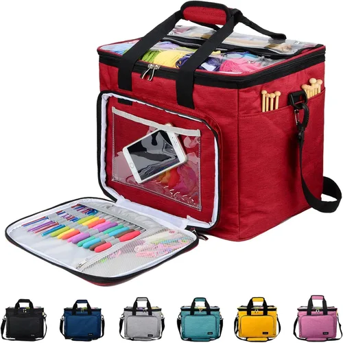 Miniatura 9 de Hoshin Bolsa de tejer para almacenamiento de hilos, organizador de bolsas de hilo de alta capacidad con divisor interior, portátil para llevar