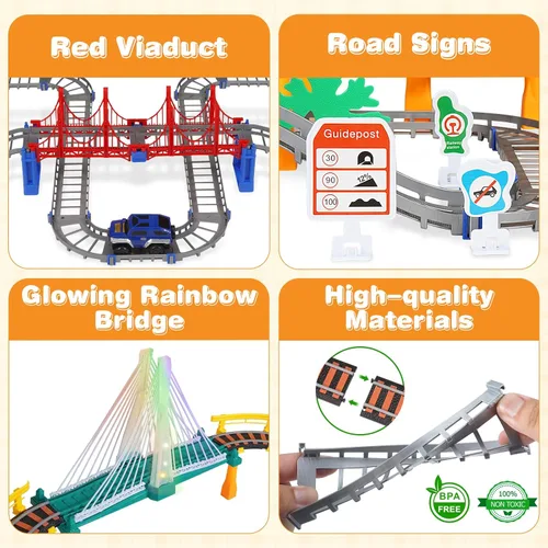 Miniatura 5 de Juego de tren eléctrico para niños de 5 a 8 años, 2 en 1, pistas de doble capa con puente iluminado y sonidos realistas, juguete de construcción