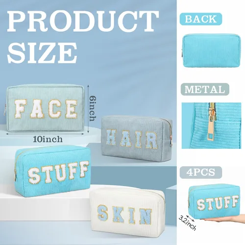 Miniatura 2 de Pinkunn 4 Piezas Bolsas de Maquillaje Preppy Bolsas de Chenilla con Letras de Viaje Organizador Facial Piel Cabello Higiene Cosmética Bolsa de Aseo