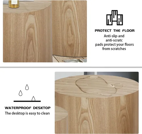 Miniatura 7 de Juego de 2 mesas auxiliares redondas, mesa auxiliar anidable y mesa auxiliar de madera con tambor circular pequeño para sala de estar, oficina, sin