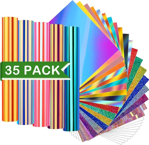 WRAPXPERT Paquete de 35 hojas de adhesivo holográfico permanente, 24 hojas de vinilo de 12 x 12 pulgadas, 6 papel de transferencia de rejilla y 5