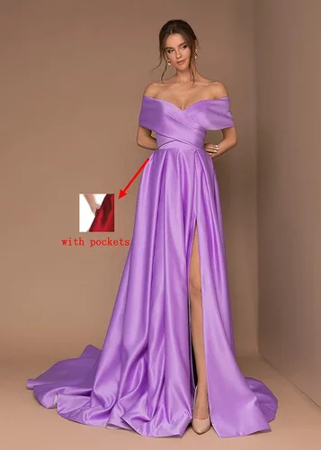 Miniatura 3 de BONOYUER Vestido de fiesta de satén con hombros descubiertos para mujer, vestido de noche de fiesta formal con bolsillos