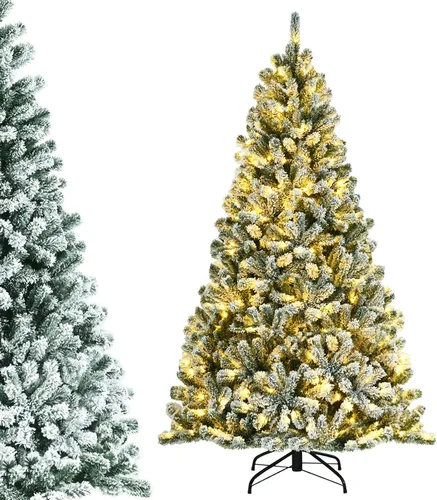 Miniatura 9 de DORTALA Árbol de Navidad flocado preiluminado de 6 pies, árbol de Navidad artificial con bisagras con 500 luces LED blancas frías, control remoto, 3