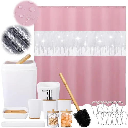 Miniatura 50 de Juego de accesorios de baño rosa con cortina de ducha y alfombras con purpurina, juegos de baño con alfombras de baño extrasuaves y absorbentes