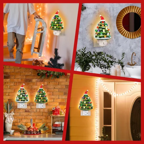 Miniatura 7 de Luz nocturna de cerámica para árbol de Navidad, paquete de 2 luces nocturnas de Navidad con enchufe de 6.3 pulgadas, árboles de Navidad de cerámica