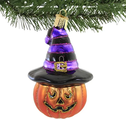 Miniatura 3 de Old World Christmas Adorno de cristal soplado de calabaza de bruja Jack O'Lantern para árbol de Navidad, decoración navideña hecha a mano, colección