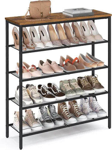 Miniatura 12 de VASAGLE Zapatero de 4 niveles, organizador grande de almacenamiento de zapatos para armario, entrada, 15-20 pares, con 3 estantes de malla metálica