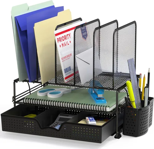Organizador de escritorio SimpleHouseware de malla con cajón deslizante, doble bandeja y 5 secciones verticales, color negro