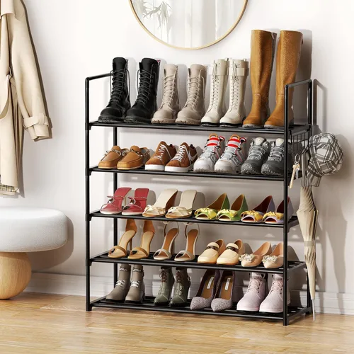 Miniatura 2 de Organizador de zapatos de metal, zapatero de 5 niveles con ganchos, se adapta a 20-25 pares, estante de zapatos ajustable para entrada, pasillo