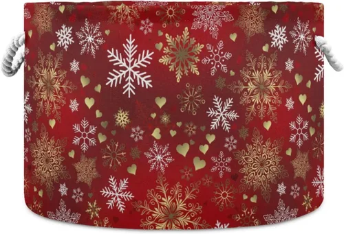 Bolaz Cesta de almacenamiento grande de Navidad, copos de nieve blancos y dorados, caja de almacenamiento de juguetes, contenedores organizadores