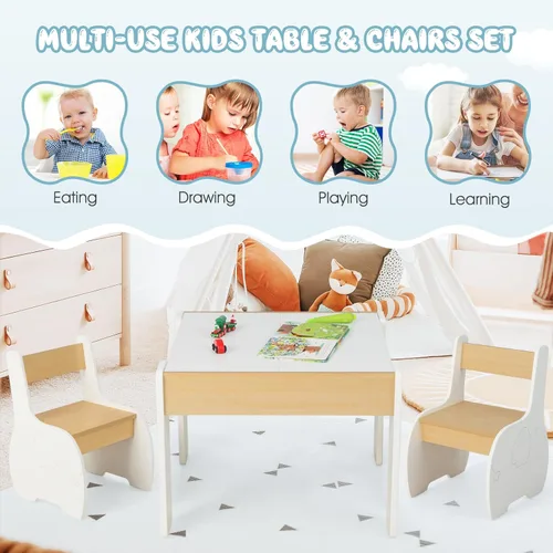 Miniatura 8 de INFANS Juego de mesa y silla para niños 3 en 1, mesa multiactividad de madera con almacenamiento removible en la parte superior, pizarra desmontable