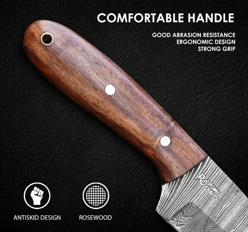 Miniatura 5 de Cuchillo de caza, hoja fija con vaina, desolladora táctica, supervivencia, hecho a mano, cuchillo de campamento de Damasco, cuchillo de espiga