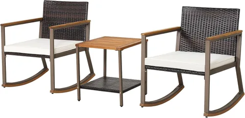 Miniatura 11 de HAPPYGRILL Juego de 3 sillas mecedoras para patio al aire libre con mesa auxiliar, muebles de mimbre de ratán, juego de conversación para jardín