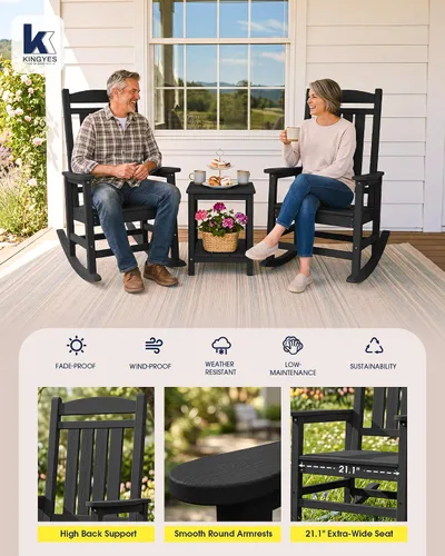 Miniatura 6 de Mecedoras de exterior KINGYES, mecedoras de patio todo clima de HDPE con respaldo alto para adultos, de color negro Negro oscuro