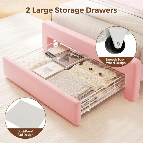 Miniatura 9 de Base de cama LED individual con cabecera de almacenamiento y 2 cajones de almacenamiento, cama tapizada de terciopelo princesa con diseño de Rosa