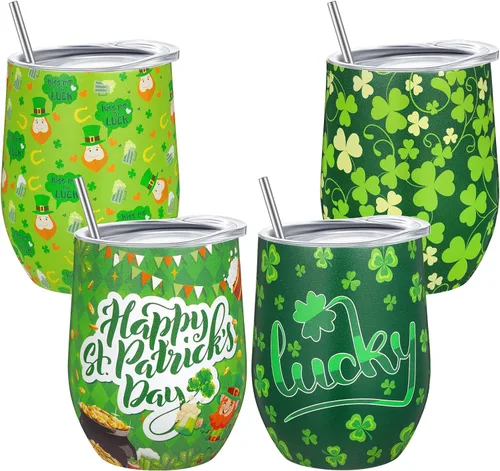 Zopeal 4 vasos de vino del Día de San Patricio, tazas de café de acero inoxidable de 12 onzas, regalos irlandeses para mujeres y hombres, vasos de
