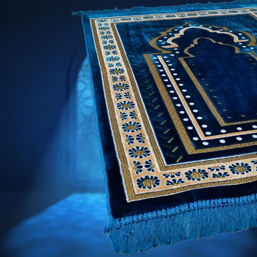 Miniatura 6 de TB - Alfombra de oración musulmana islámica, tapete de terciopelo suave, regalo de Ramadán, con cuentas de oración, decoración única, dorada, Azul