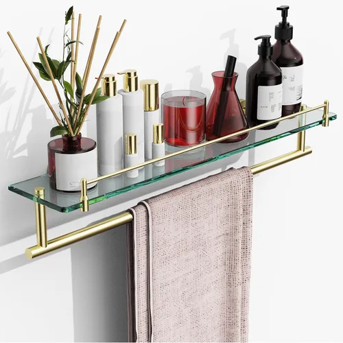 Miniatura 13 de Estante de baño flotante de vidrio templado con toallero, níquel cepillado y acero inoxidable, montaje en pared de 16 pulgadas