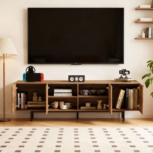 Miniatura 5 de Soporte de TV moderno de mediados de siglo de 70.87 pulgadas, centro de entretenimiento con 4 gabinetes de almacenamiento, mesa consola multimedia