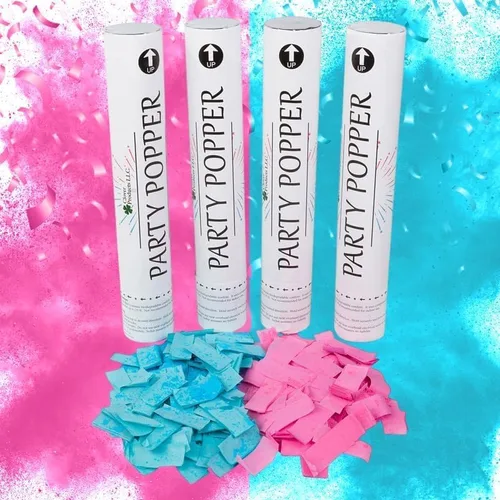 Clover Products - Cañones de revelación de género – Paquete de 4 (2 azules y 2 rosas) | Poppers de confeti y polvo de 12 pulgadas | Alimentado por