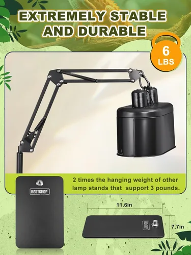 Miniatura 6 de Soporte de luz para reptiles, soporte de bombilla de calor (15.7 a 74.3 pulgadas) con brazo oscilante ajustable de 360° para terrario, soporte