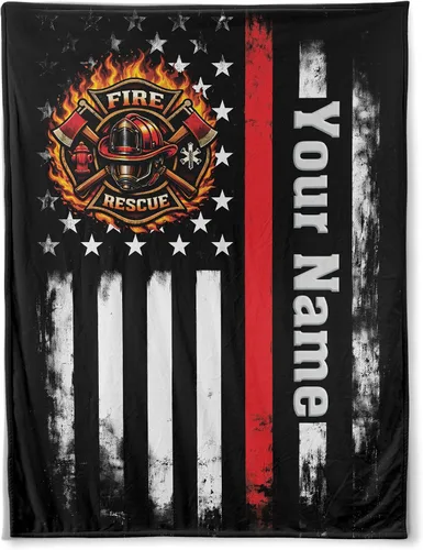 Manta de bombero personalizada, regalo de línea fina roja con nombre personalizado, manta patriótica de bombero para hombres, idea del día del