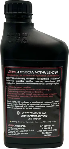 Miniatura 2 de Klotz American V-Twin - Lubricante de aceite sintético para motocicleta 15W-60 para Yamaha, Victory, Indian Wet Clutch y motor de transmisión