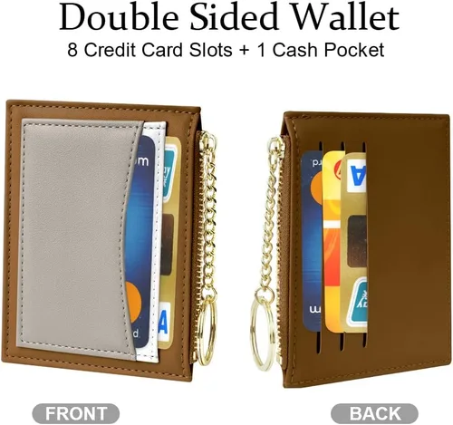 Miniatura 49 de URAQT Cartera para tarjetas de crédito, cartera minimalista de cuero delgado con cremallera, mini protector de tarjeta de crédito, llavero bolsillo