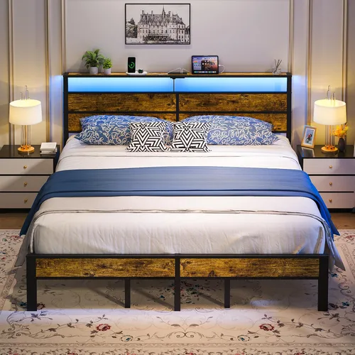 Liians Base de cama tamaño King con cabecera de estación de carga USB tipo C, luces LED inteligentes, plataforma de metal sin ruido, no necesita