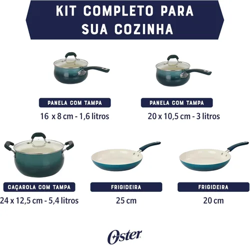 Miniatura 6 de Oster Corbett - Juego de 8 utensilios de cocina de aluminio forjado verde azulado degradado con cerámica antiadherente – Base de inducción – Mango