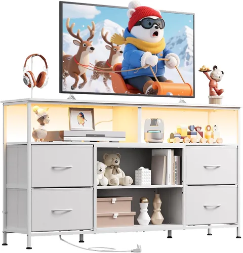Miniatura 12 de WLIVE Mueble Tocador para TV de 50, 55, 60 pulgadas, Centro de Entretenimiento con Luces LED y Cajones de Tela, Tocador Mueble para TV