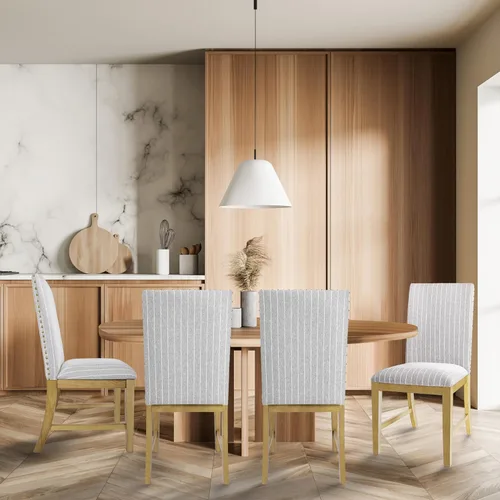 Miniatura 234 de Homepop Silla de comedor con detalles festoneados, sillas de comedor Parsons tapizadas, muebles decorativos para el hogar, tejido gris claro