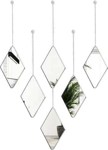 Juego de 6 espejos de decoración de pared con 2 destornilladores, espejo de pared colgante de diamante con cadena y marco plateado, espejo de cadena