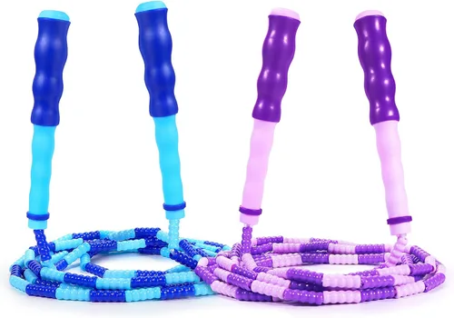 Supertrip Cuerda de saltar para niños, cuerda de saltar con cuentas suaves, ajustable, sin enredos, segmentada para niños y estudiantes Azul y morado