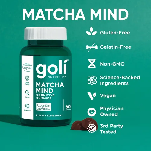 Miniatura 9 de Goli Gomitas Matcha Mind - 60 unidades - Hojas de té verde en polvo con Cognizin para concentración, atención y salud cerebral, veganas, sin OMG