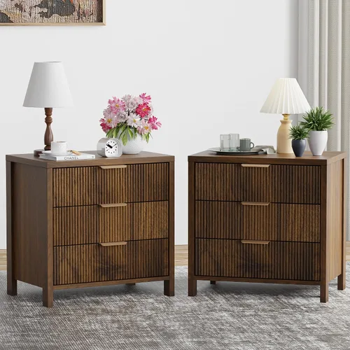 Miniatura 10 de Mesita de noche acanalada, 23.7 pulgadas de ancho con 3 cajones, moderna mesita de noche de mediados de siglo con asas, mesa auxiliar de madera