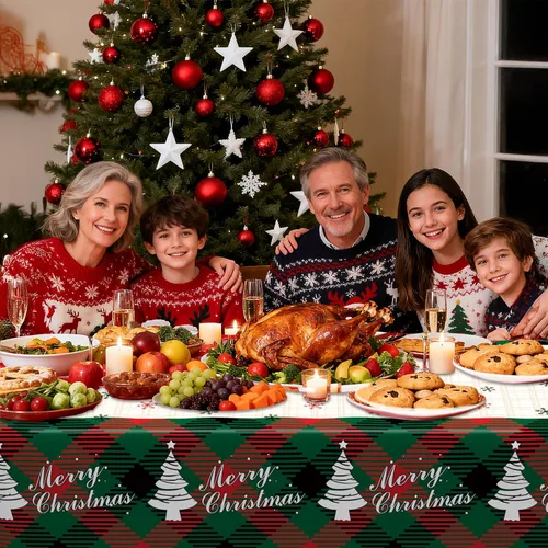 Miniatura 7 de Mantel de Navidad, 2 piezas de mantel de Navidad desechable para mesa rectangular, 54" x 108" de plástico con diseño de copo de nieve, árbol